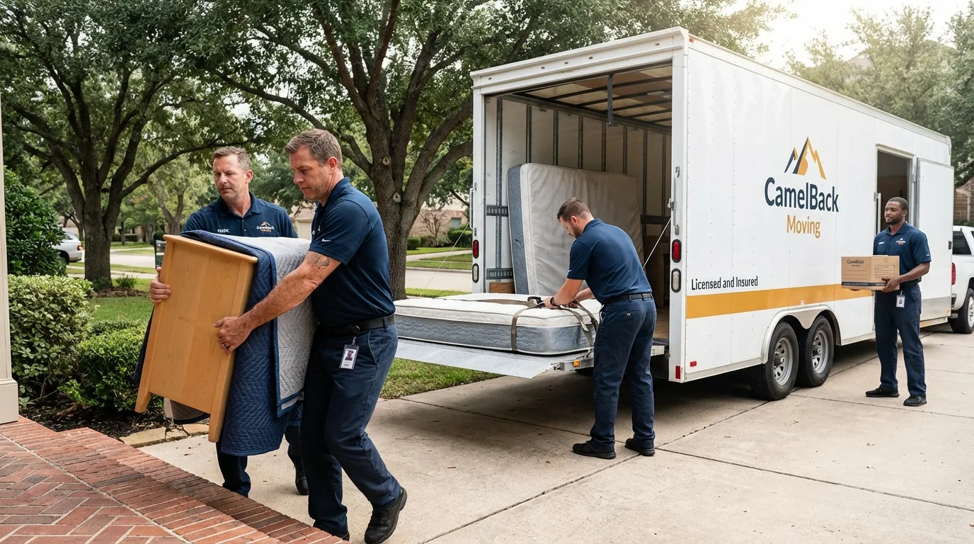 Crew loading residential truck for cross-state move from Avilla, IN