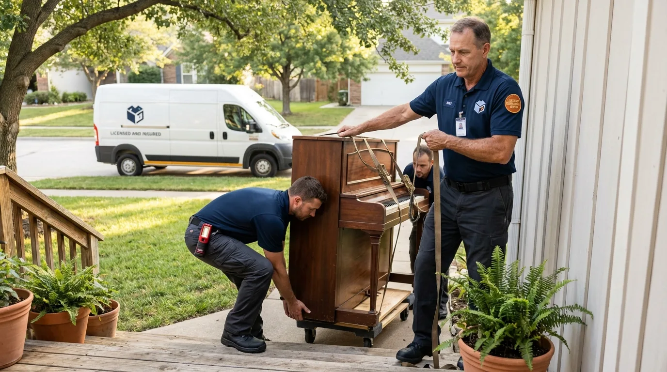 Licensed piano movers securing grand piano in Avilla, IN