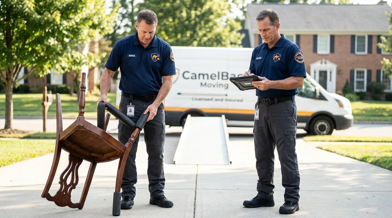 Movers inspecting furniture for damage prevention before loading in Avilla, IN
